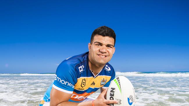 David Fifita's first interview since quitting Broncos. Gold Coast Titans recruit David Fifita on Friday 20th November at Q1 Hotel and pictured at the beach in Surfers Paradise. Picture: NIGEL HALLETT