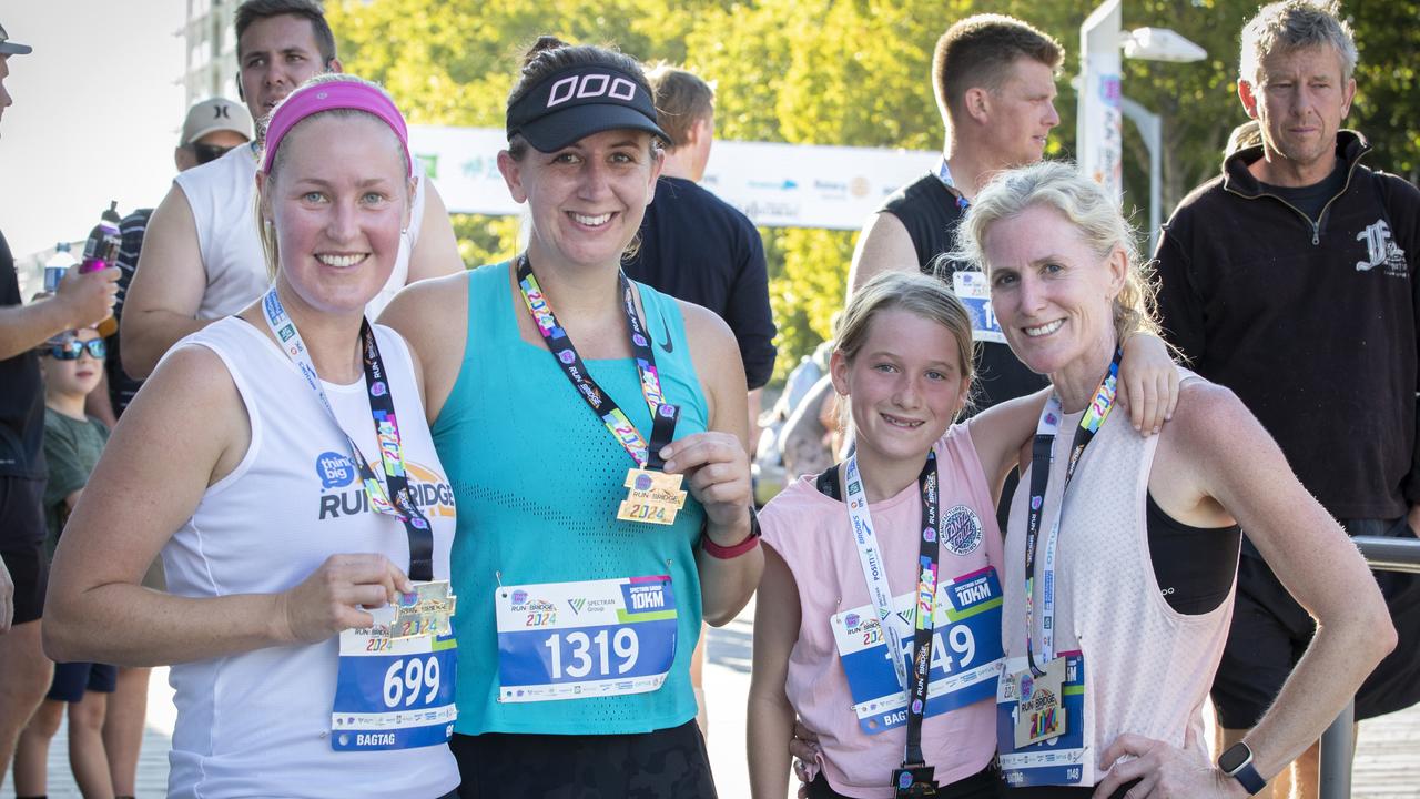 Amanda Baker, Mel Didham, Indy Volant 11 and Kelli Volant all of Hobart after Run the Bridge at Hobart. Picture: Chris Kidd