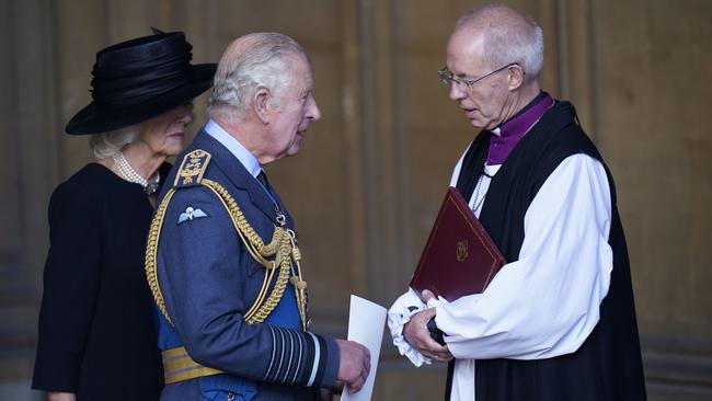 King Charles III and the Queen Consort speak to the Archbishop of Canterbury Justin Welby as they leave Westminster Hall, where the coffin of Queen Elizabeth II lay in state last year. Picture: Getty Images