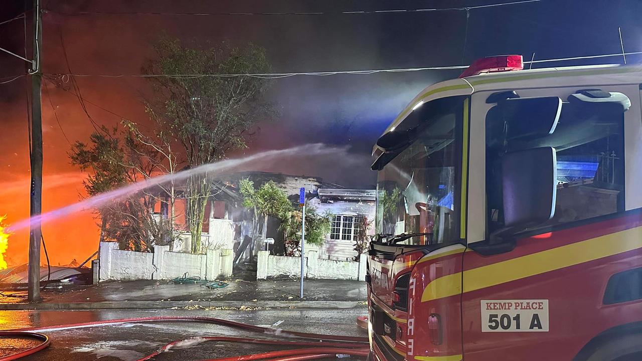 A massive blaze spread to four homes in Heaslop St in Woolloongabba overnight. Picture: QAS via NCA NewsWire