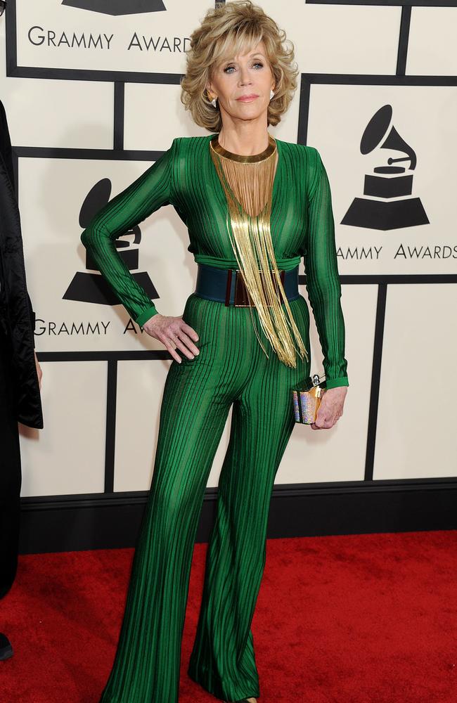 Jane Fonda showed off her super slim waist with a thick green belt.