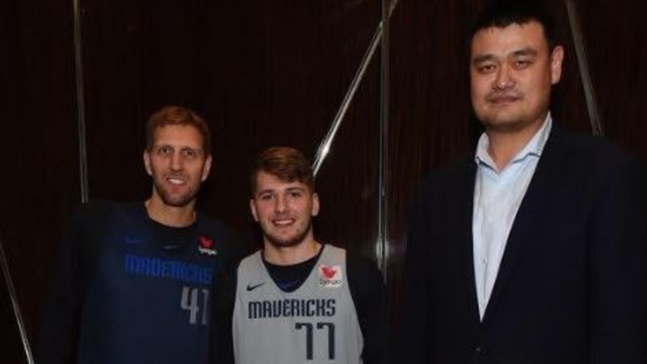 NBA stars Dirk Nowitski and Luka Doncic look tiny next to Yao Ming.