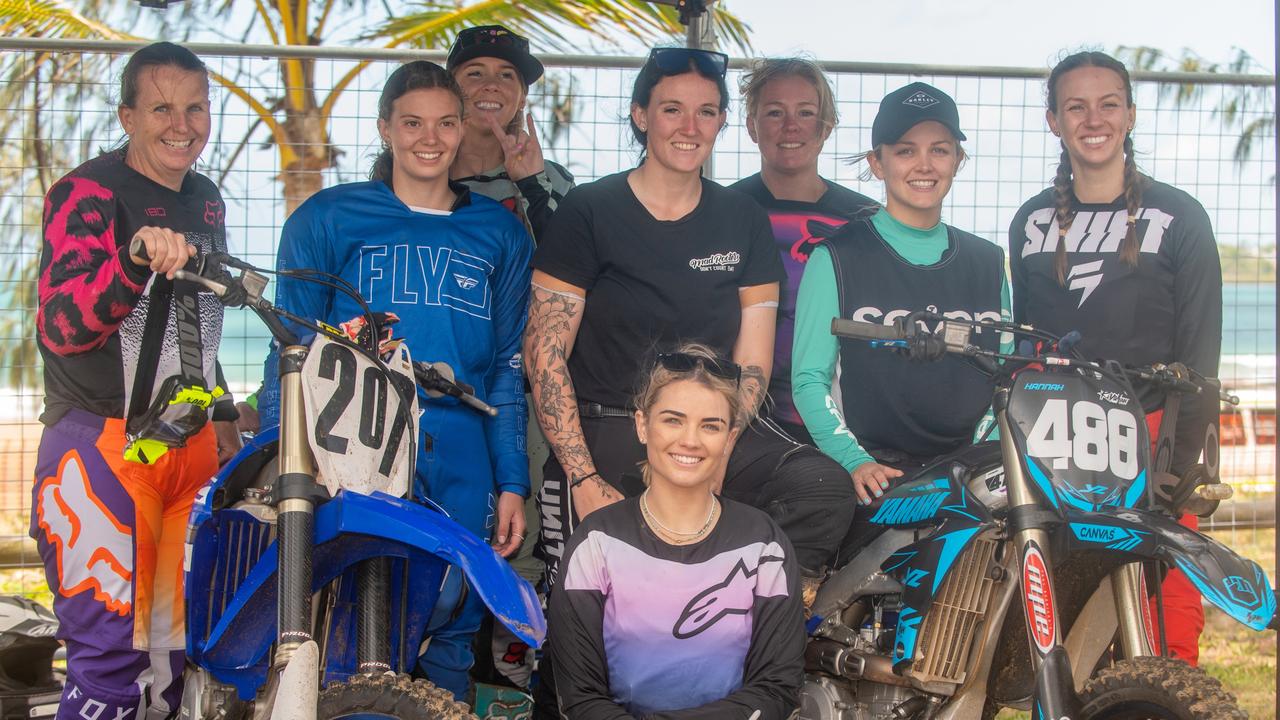 Alison Purvis, Brooke Smith, Shelby Taute, Hannah Smith, Chloe Purvis, Georgia Hanrahan,Emily Faith Davison and Danielle Birbeck at Motorcycle Beach Races at Grasstree Beach Sunday 27 August 2023 Picture: Michaela Harlow
