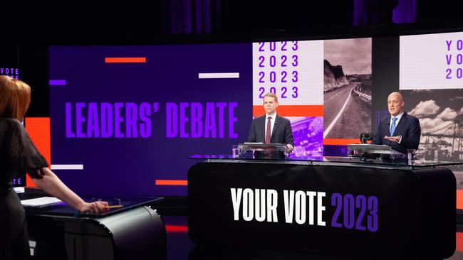 Chris Hipkins and Christopher Luxon are questioned by moderator Jessica Mutch McKay. Picture: TVNZ