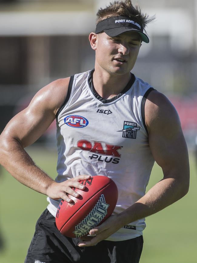 Ollie Wines during Port Adelaide pre-season training at Alberton Oval. Picture Simon Cross