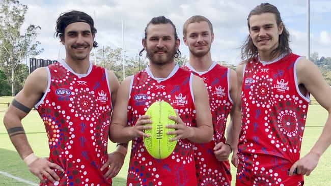 FAB FOUR: Four of the Lismore Swans senior men's newest recruits hail from AFL heartland in country Victoria. L-R Kubilay Karhan, Lucas Foenander, Cory MacKenzie and Samuel Coates helped the home side defeat Sawtell Toormina Devils during the Sir Doug Nicholls Round on May 29, 2021. Photo: Alison Paterson