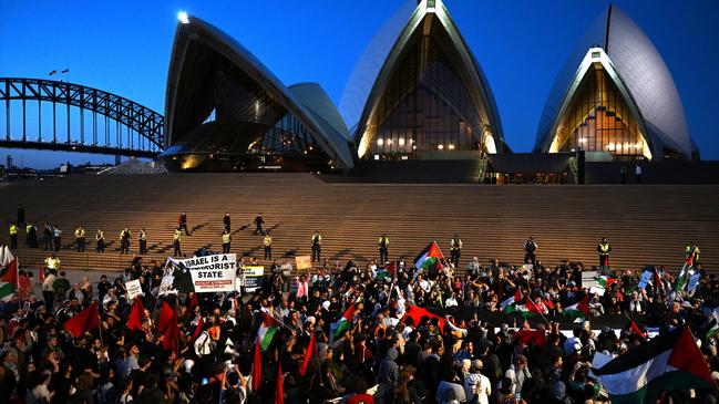 Protesters at the Sydney Opera House on October 9, 2023. Picture: AAP