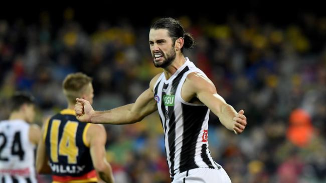 Brodie Grundy celebrates a goal against the Crows. Picture: AAP Image/Sam Wundke