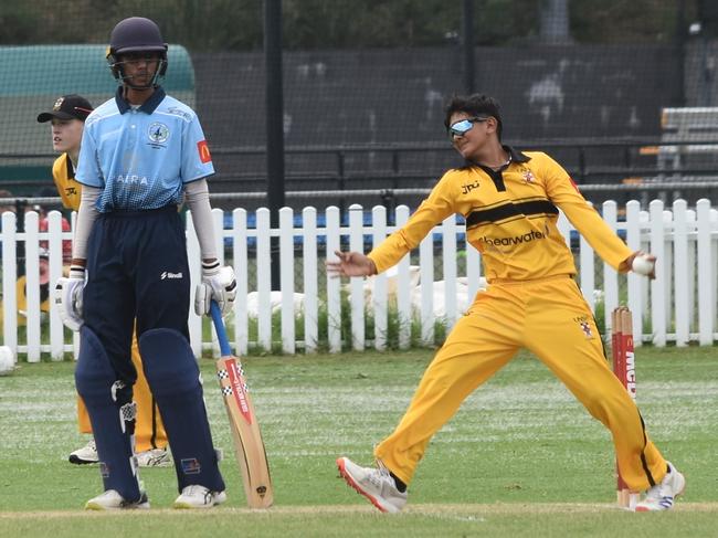 Yug Chaudhari comes in to bowl. Picture: Sean Teuma