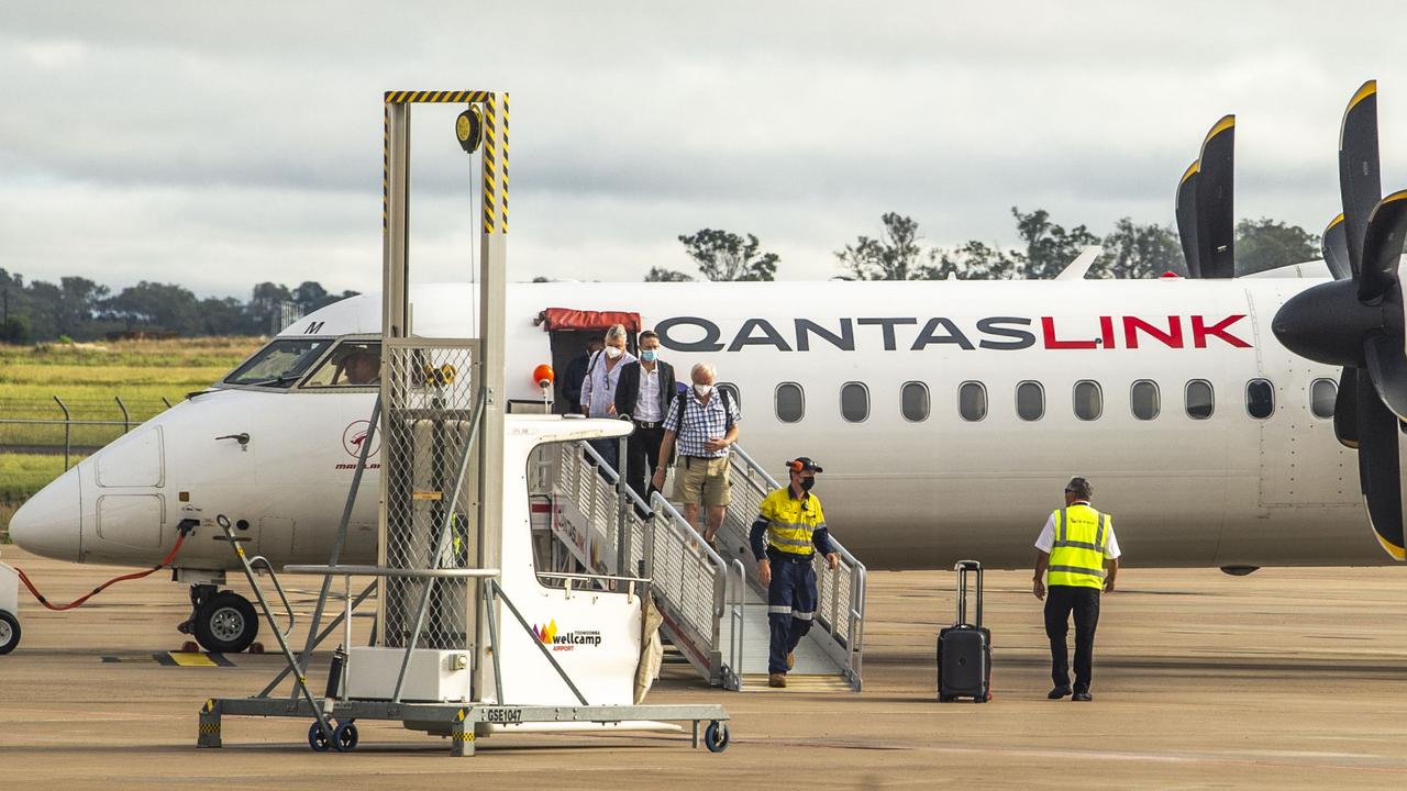 First QANTAS flight from Sydney to land at Wellcamp Airport for two years. Picture: Nev Madsen.