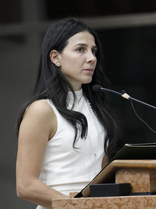 Leila Abdallah speaks at the 40 day memorial for Antony, Angelina and Sienna.