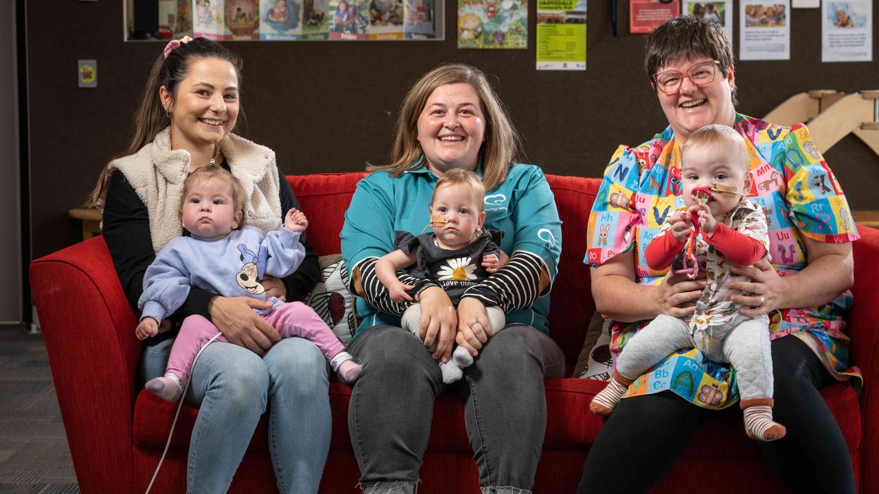 15-05-2024 Danni Menzies with daughter Evelyn has organised a premature baby play group for other mums Emily Burke and daughter Phoebe and Simantha Nation with son Atticus. Picture: Brad Fleet