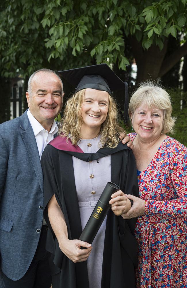 Bachelor of Engineering graduate Fern Proctor with parents Neale and Rosie Proctor at a UniSQ graduation ceremony at Empire Theatres, Tuesday, February 13, 2024. Picture: Kevin Farmer