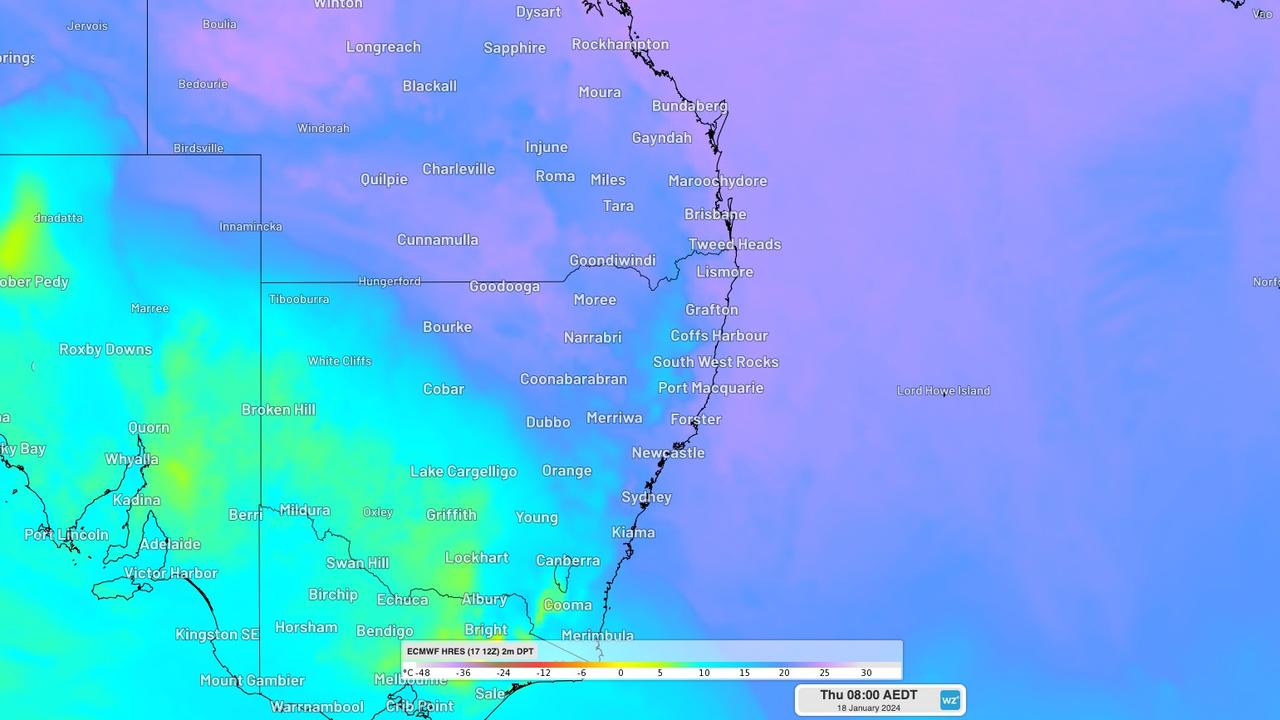 In the east, high dew points are making it feel very muggy. Picture: Weatherzone.