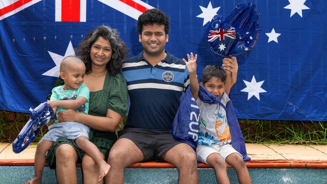 Asha Puthran and Pavan Bangalore Lakshmi Kantha Raju with their children Ved Pavan Puthran and Atharv Pavan Puthran are looking forward to Australia Day. Picture: Tony Gough