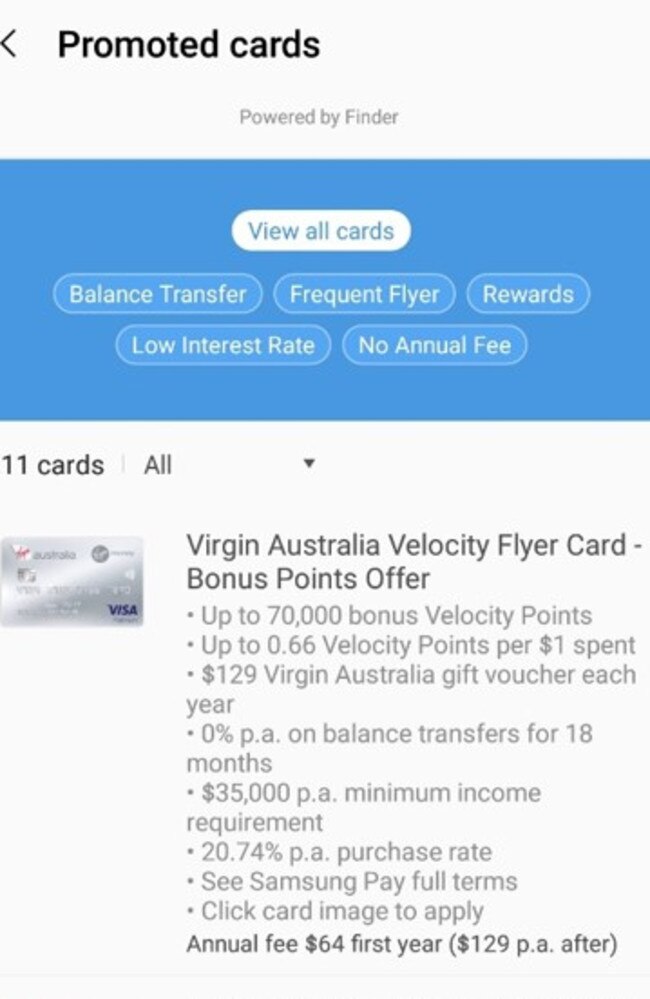 One of the cards on offer in the Samsung Pay app. Picture: Supplied