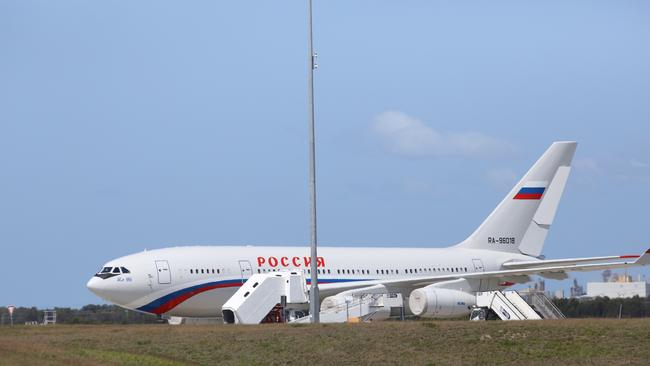 A far newer Ilyushin, the IL-96, at Brisbane International Airport. It is believed this aircraft was transporting Putin’s security detail checking out security for G20. Picture: Mark Cranitch