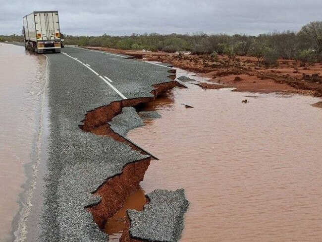 A truck trapped on an island in floods on the North West Coastal Highway, north of Carnarvon. Picture: Supplied by Rob Minson via ABC News