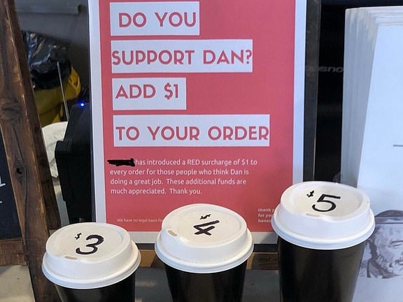 A Melbourne cafe owner says a 'lighthearted' sign charging Daniel Andrews supporters extra for coffees has triggered a flood of abuse and threats, prompting him to hire security guards.The sign at Arcobar in Moorabbin, in the city's southeast, asks people to add $1 to their coffee order if they support the Premier.