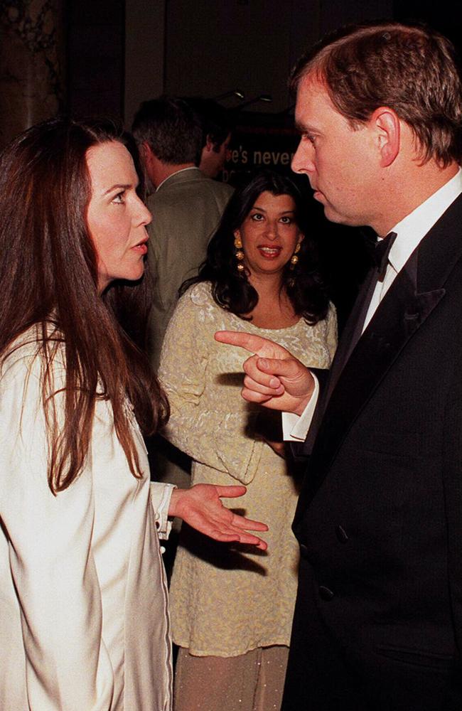 Price Andrew speaking with actress Koo Stark during a reception following his official opening of the Canon Photographic Gallery at the Victoria and Albert Museum, London, 19 May, 1998.