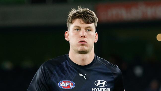 MELBOURNE, AUSTRALIA - APRIL 13: Sam Walsh of the Blues warms up before the 2024 AFL Round 05 match between the Carlton Blues and the Adelaide Crows at Marvel Stadium on April 13, 2024 in Melbourne, Australia. (Photo by Dylan Burns/AFL Photos via Getty Images)