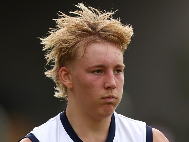 PERTH, AUSTRALIA - JUNE 29: Alixzander Tauru of VIC Country looks to pass the ball during the Marsh AFL National Championships match between U18 Boys Western Australia and Victoria Country at Revo Fitness Stadium on June 29, 2024 in Perth, Australia. (Photo by Will Russell/AFL Photos/via Getty Images)