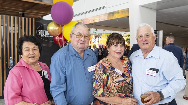 Celebrating the Wagner family's 35 years of business and a decade of Toowoomba Wellcamp Airport are (from left) Lyn Baskett, Bill Basket, Josie Bain and John Bain representing ACC, Friday, November 8, 2024. Picture: Kevin Farmer