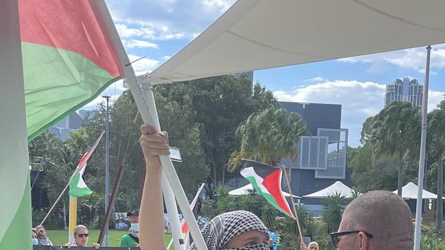 Protesters gather outside Gold Coast City Council chambers on Tuesday 28 May 24 to demand Council sever sister city ties with Netanya, Israel. Picture: Paul Weston