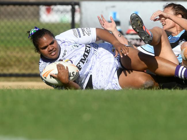 Darwin Brothers' Womens Bianca Scrymgour scores against Sharks in the Humpty Dumpty Foundation round of 2022 NRLNT season. Picture: (A)manda Parkinson