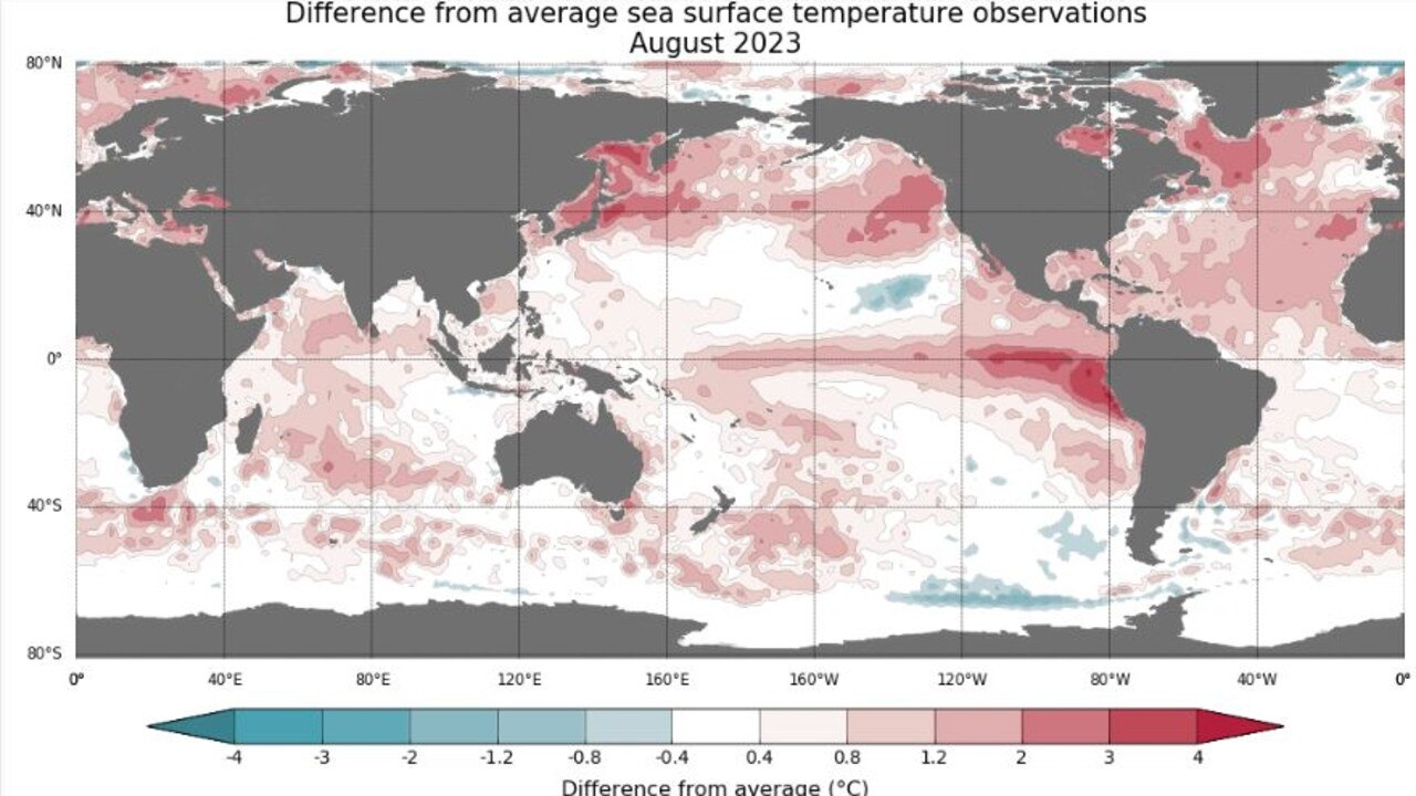 This chart shows above average sea surface temperatures were prevalent in August. Picture: Bureau of Meteorology.