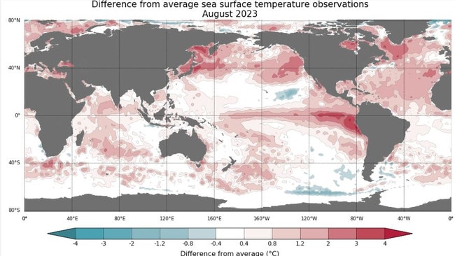 This chart shows above average sea surface temperatures were prevalent in August. Picture: Bureau of Meteorology.