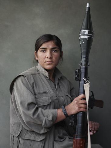 Portrait of Sarya with RPG, PKK, Makhmour, Iraq Guerilla Fighters of Kurdistan. NYC photographer Joey L. travels to Iraqi Kurdistan and Syria to tell the story of guerilla groups fighting IS. Picture: Joey L.