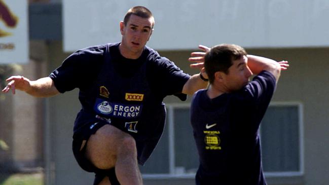 Ben Ikin and Paul Green at broncos training. Picture: Patrick Hamilton