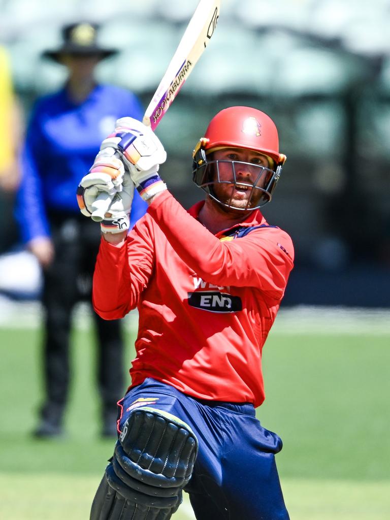 Mackenzie Harvey thumps a boundary for South Australia in its One-Day Cup match against Tasmania at Adelaide Oval. Picture: Mark Brake/Getty Images