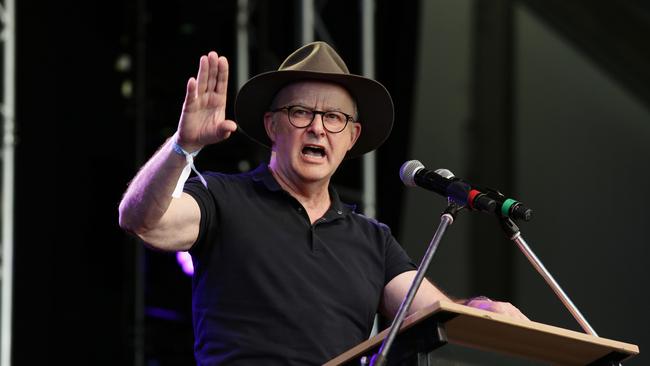 Prime Minister Anthony Albanese scolded protesters during his Festival Address at Woodford Folk Festival, Woodford, Queensland. Picture: NCA Newswire / Claudia Baxter