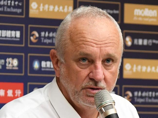 KAOHSIUNG, TAIWAN - OCTOBER 15: Head coach of Australia talks at press confrence during the FIFA World Cup Qatar 2022 and AFC Asian Cup China 2023 Preliminary Joint Qualification Round 2 match between Chinese Taipei and the Australia Socceroos at Kaohsiung National Stadium on October 15, 2019 in Kaohsiung, Taiwan. (Photo by Gene Wang for Getty Images/Getty Images)