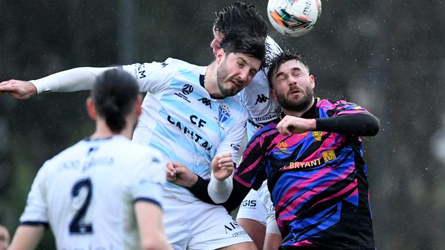 Luka Ninkovic of South Melbourne FC heads the ball during the round 25 NPL VIC Mens match between Avondale FC and South Melbourne FC at Avenger Park in Parkville, Victoria on August 12, 2023. (Photo by Josh Chadwick)