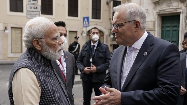 Indian PM Narendra Modi and Scott Morrison at the G20 in Rome in October 2021. Picture: Adam Taylor