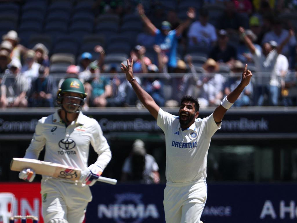 Bumrah gets his fifth, Alex Carey falls early on day two. (Photo by COLIN MURTY/AFP)