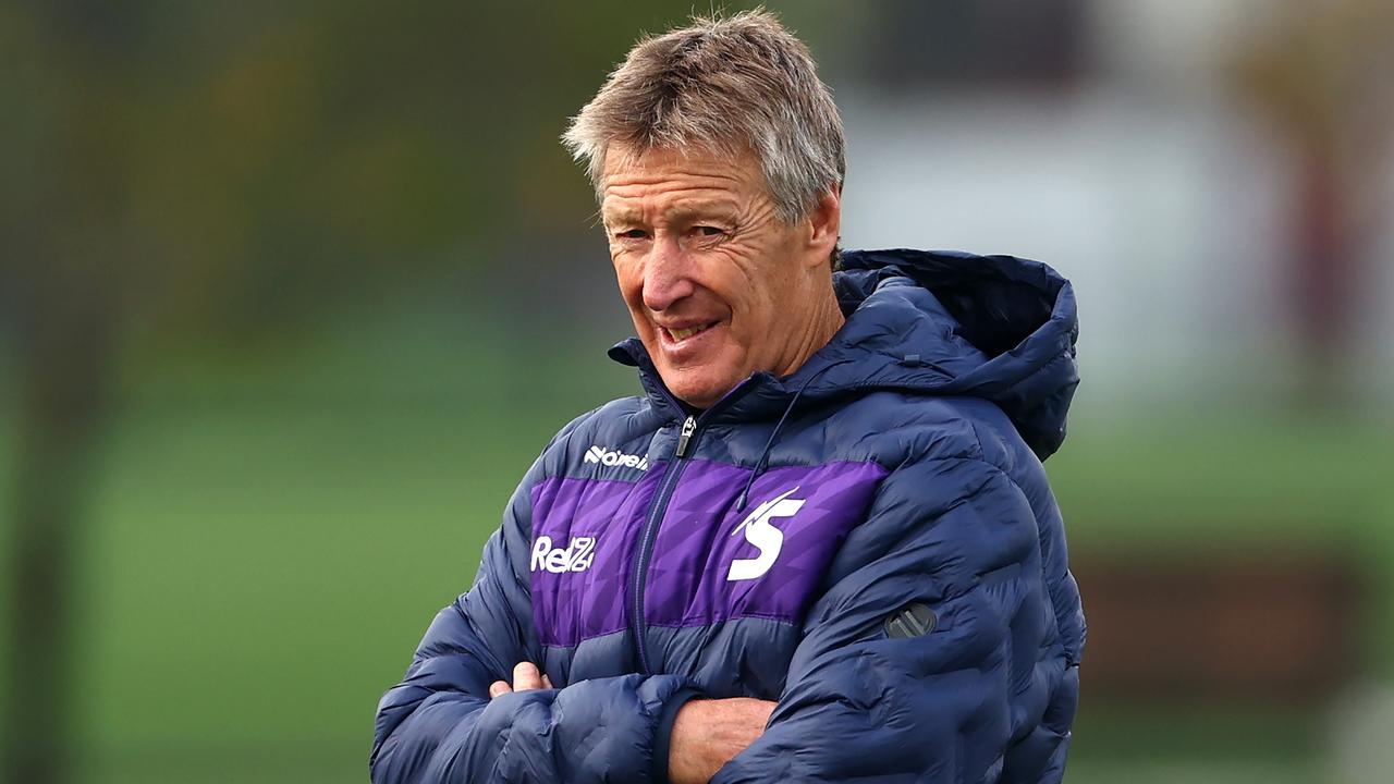 MELBOURNE, AUSTRALIA – MAY 10: Craig Bellamy the coach of the Storm looks on during a Melbourne Storm NRL media opportunity at Gosch's Paddock on May 10, 2024 in Melbourne, Australia. (Photo by Quinn Rooney/Getty Images)