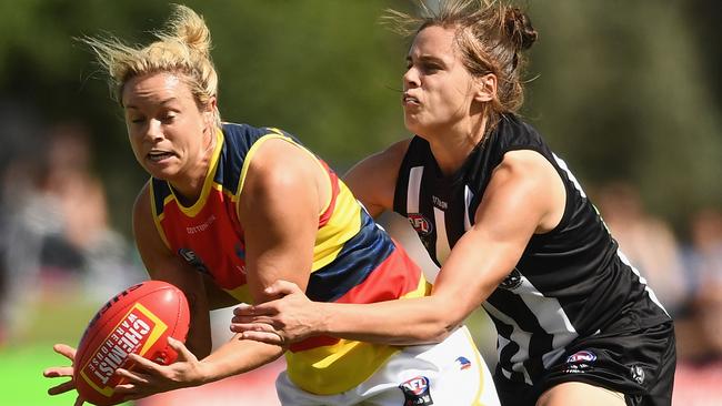 Courtney Cramey of the Crows marks during the round seven AFLW match against Collingwood Magpies earlier this year. Picture: Quinn Rooney/Getty Images