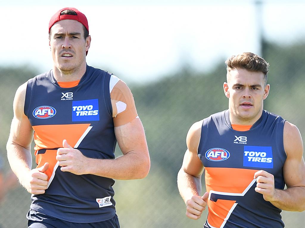 Jeremy Cameron (left) and Zac Langdon of the GWS Giants seen during a training session in Sydney, Thursday, May 9, 2019. (AAP Image/Joel Carrett) NO ARCHIVING