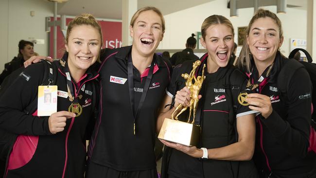 Adelaide Thunderbirds premiership players Georgie Horjus, Hannah Petty, Tippah Dwan, and Matilda Garrett will line up for Australia at the Fast5 world series in New Zealand this weekend, with Garrett to captain the Aussies. Picture: Matt Loxton