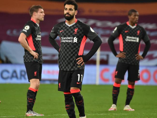 BIRMINGHAM, ENGLAND - OCTOBER 04: Mohamed Salah of Liverpool reacts during the Premier League match between Aston Villa and Liverpool at Villa Park on October 04, 2020 in Birmingham, England. Sporting stadiums around the UK remain under strict restrictions due to the Coronavirus Pandemic as Government social distancing laws prohibit fans inside venues resulting in games being played behind closed doors. (Photo by Rui Vieira - Pool/Getty Images)