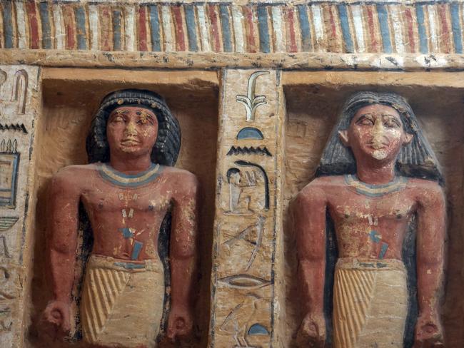 Relief statues are seen at the recently uncovered tomb of the Priest royal Purification during the reign of King Nefer Ir-Ka-Re, named "Wahtye", at the site of the step pyramid of Saqqara, in Giza, Egypt, Saturday, Dec. 15, 2018.The Egyptian Archaeological Mission working at the Sacred Animal Necropolis in Saqqara archaeological site succeeded to uncover the tomb, Antiquities Minister Khaled el-Anani, announced.(AP Photo/Amr Nabil)