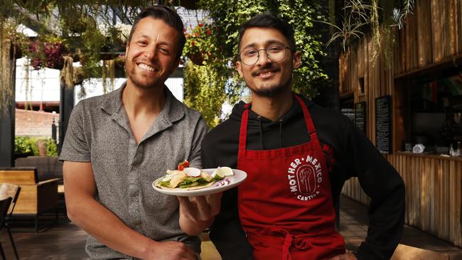 Ben Korkmaz owner with Saugat Kc head chef at Mother Mexico with the Baja taco.  Delicious 100 nomination for Mother Mexico in Hobart in the best taco category with their Baja taco.  Picture: Nikki Davis-Jones