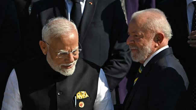 Indian Prime Minister Narendra Modi, left, speaks with Brazilian President Luiz Inacio Lula da Silva at the G20 summit in Rio de Janeiro. Picture: AFP