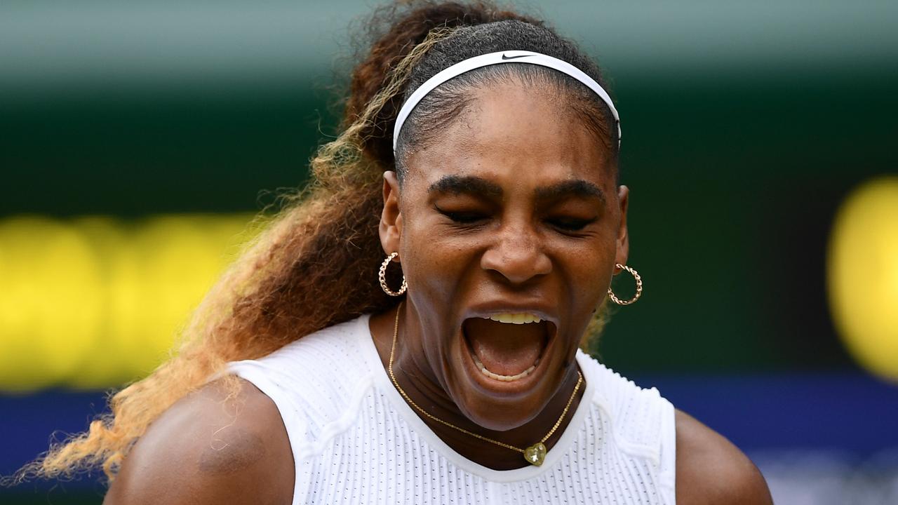Serena Williams yells in jubilation after winning a game against Alison Riske.