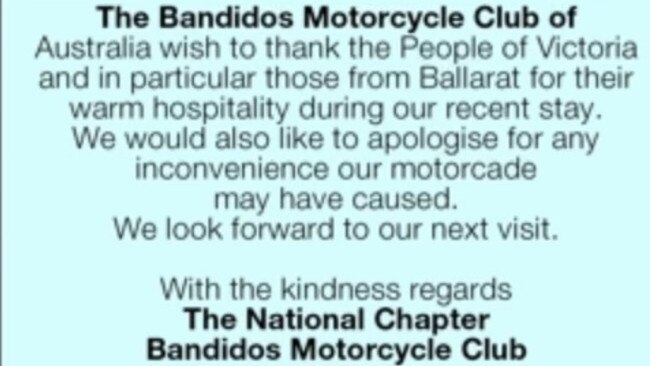 A classified ad from the Bandidos Motorcyle Club.