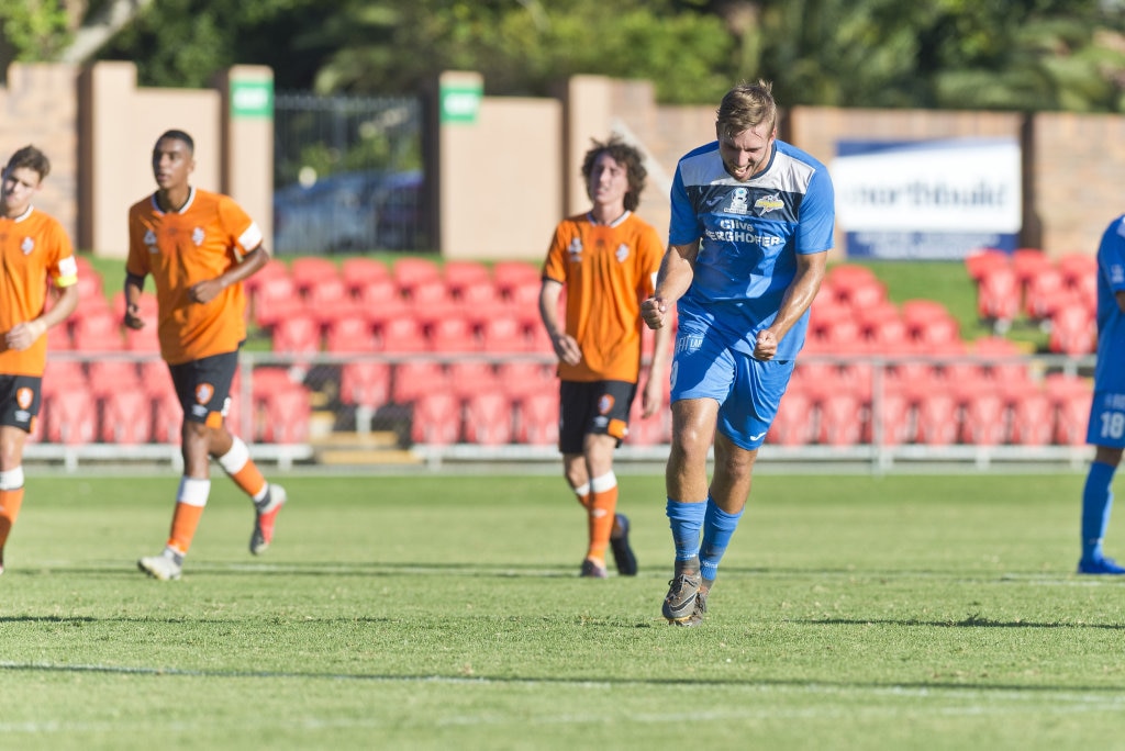 Anthony Grant opens the scoring for South West Queensland Thunder against Brisbane Roar in NPL Queensland men round two football at Clive Berghofer Stadium, Saturday, February 9, 2019. Picture: Kevin Farmer